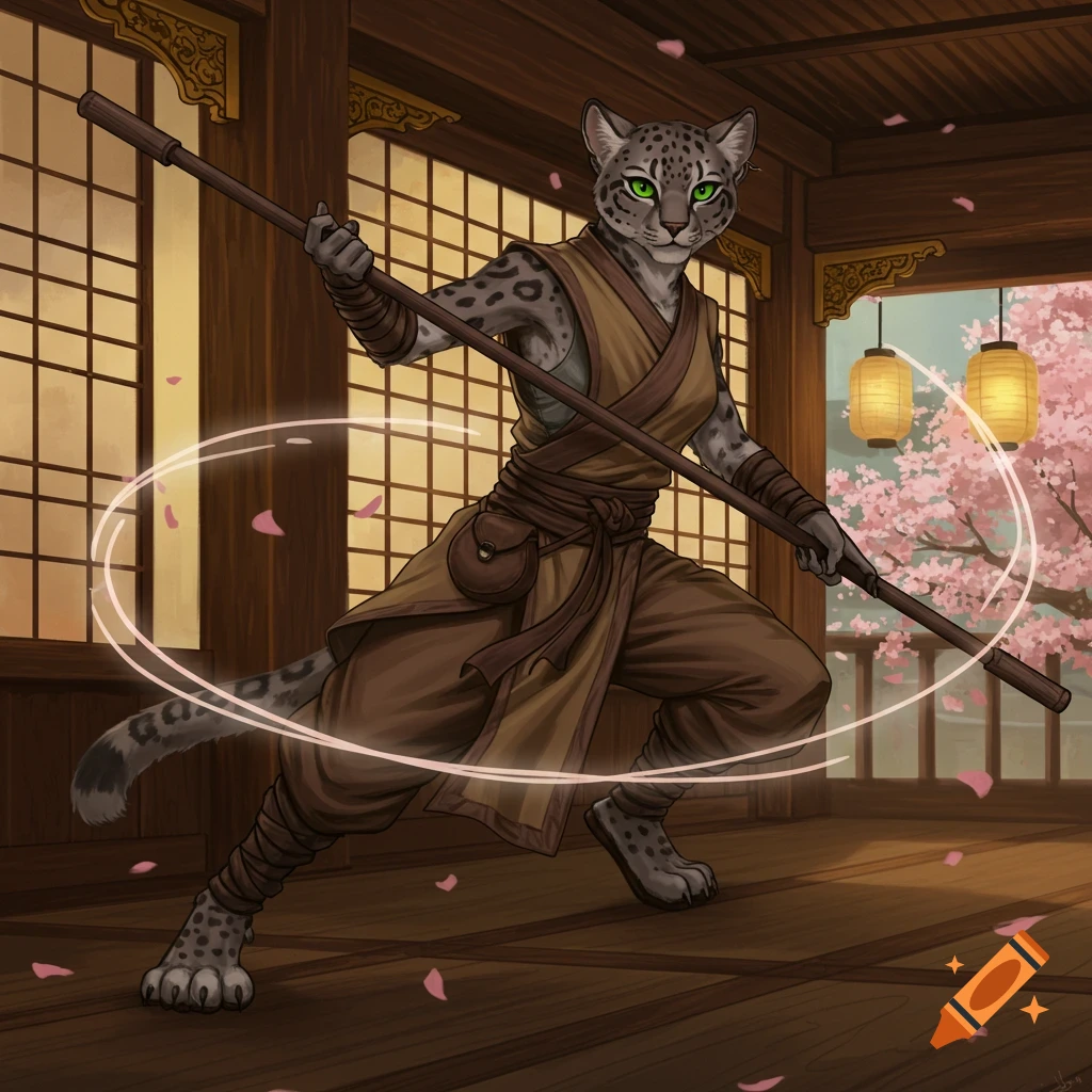 A female Tabaxi monk in a martial arts stance, holding a quarterstaff, inside a traditional Japanese-style room with cherry blossoms outside.