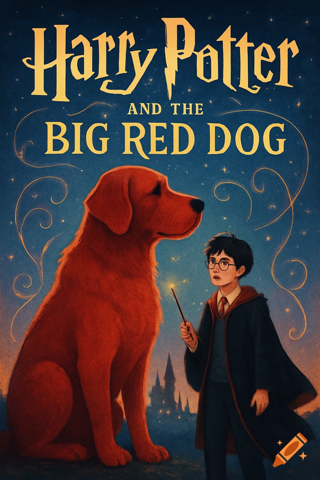 Illustrated book cover for "Harry Potter and the Big Red Dog" showing Harry with a wand looking at a large red dog under a starry sky.