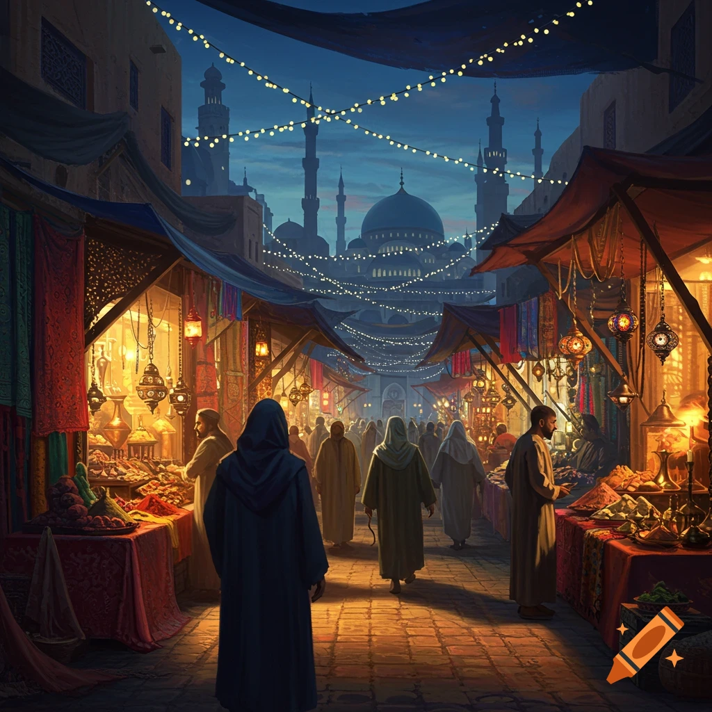 A vibrant night market scene with people, market stalls lit by lanterns and string lights, and minarets in the background.