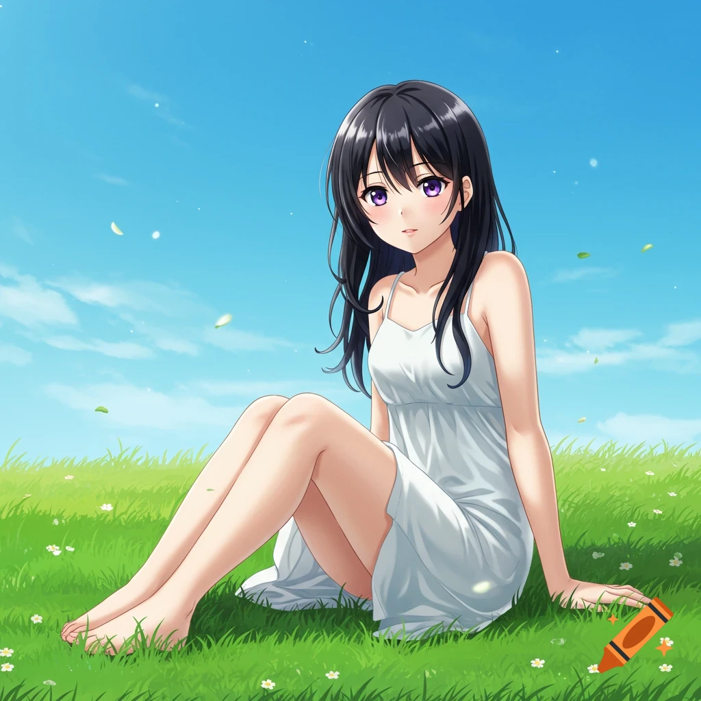 Anime girl with black hair and purple eyes, wearing a white dress, sitting in a grassy field under a blue sky.