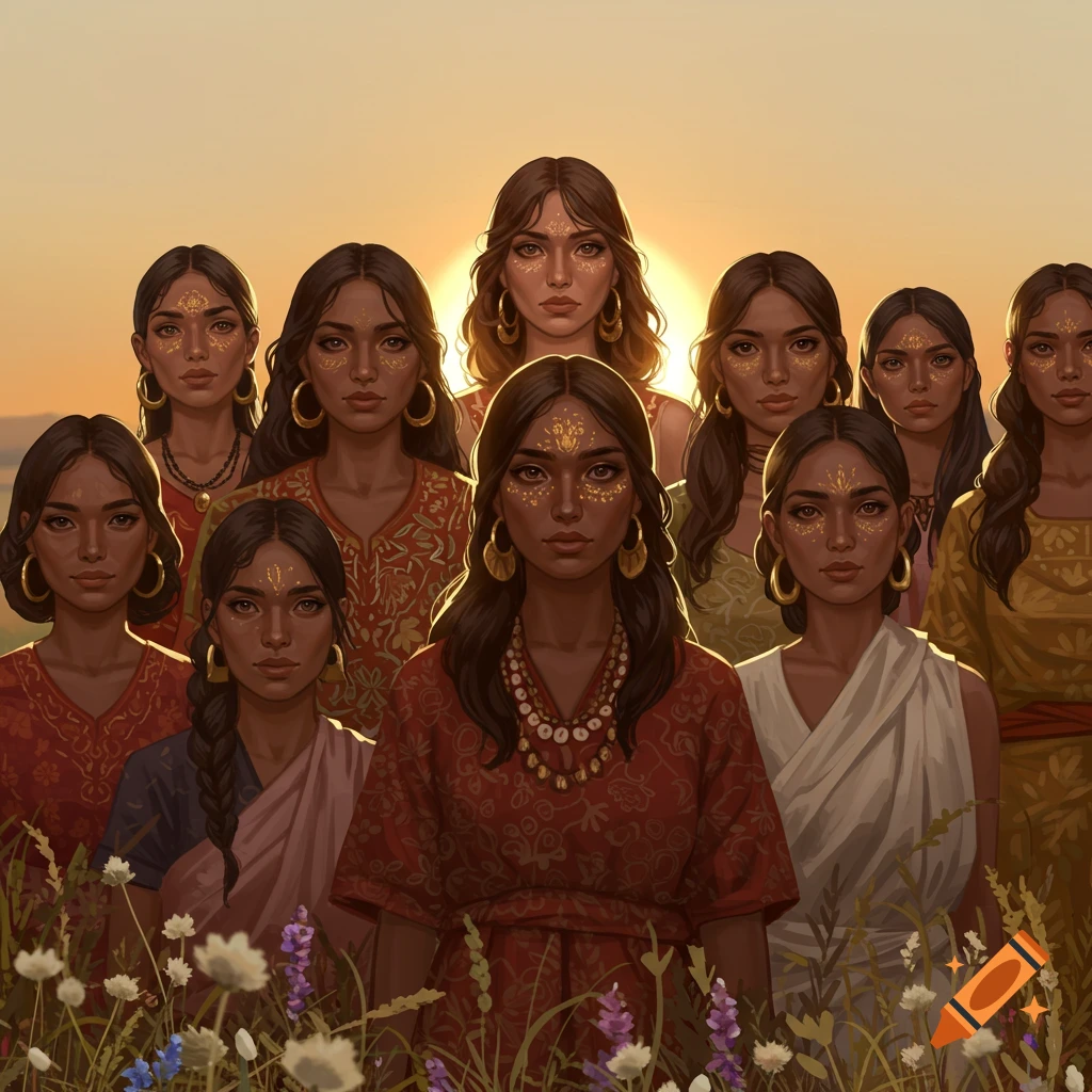 Stylized illustration of multiple women with traditional gold facial art and jewelry, standing in a flower field against a sunset.
