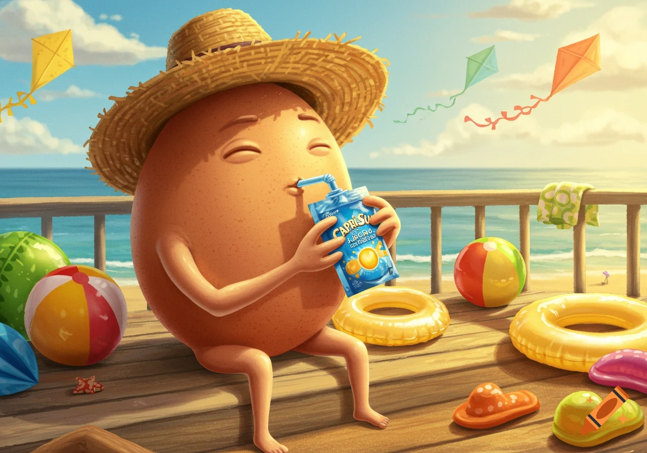 A cartoon egg-shaped character in a straw hat sips a Capri Sun on a sunny beach deck with kites, beach balls, and floats.