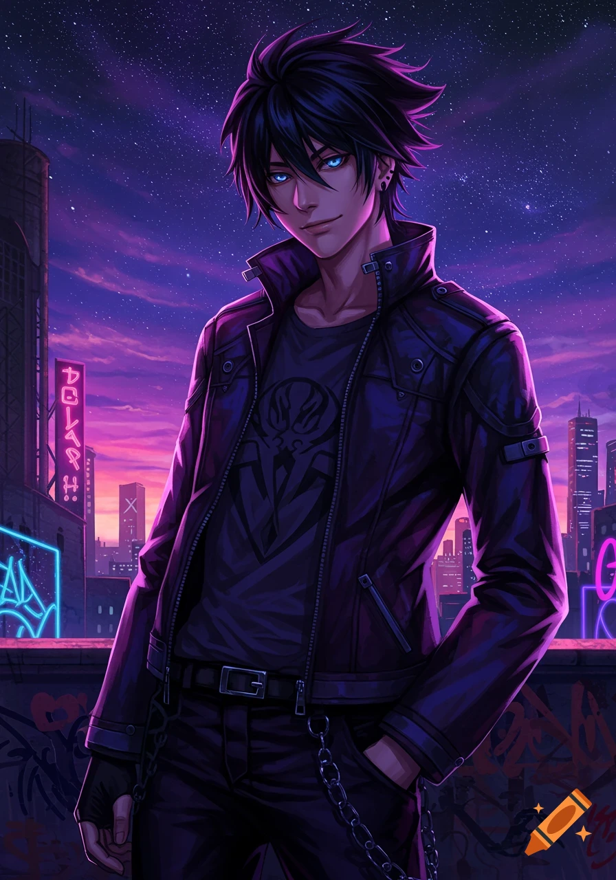 An anime boy with dark hair and glowing blue eyes stands in a vibrant neon cityscape at night, wearing a leather jacket.