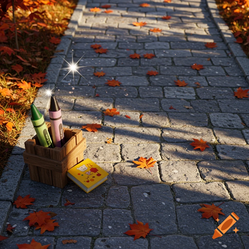 Close-up of a wooden bin holding green and purple crayons, next to a small yellow book with a bear illustration, all resting on a stone footpath covered in scattered orange autumn leaves.
