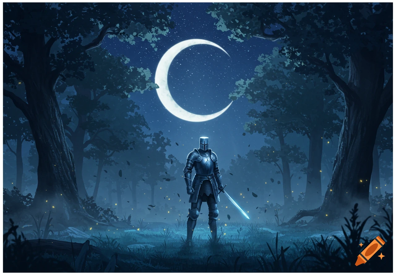 Armored knight holding a glowing sword stands in a magical forest at night under a crescent moon. Digital illustration.