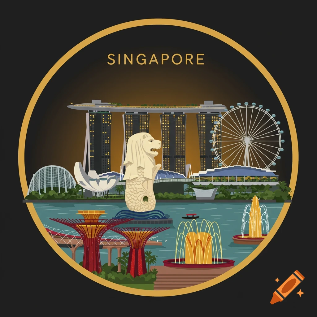 Illustration of Singapore skyline in a circle, featuring the Merlion, Marina Bay Sands, and Singapore Flyer.
