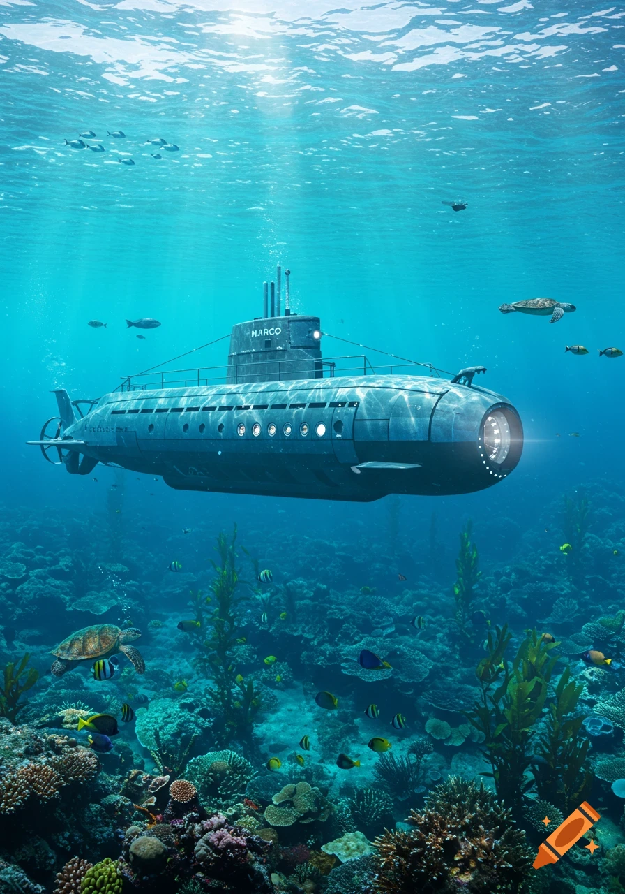 A Marco submarine with a searchlight exploring a vibrant coral reef, surrounded by schools of fish and sea turtles in a sunlit ocean.