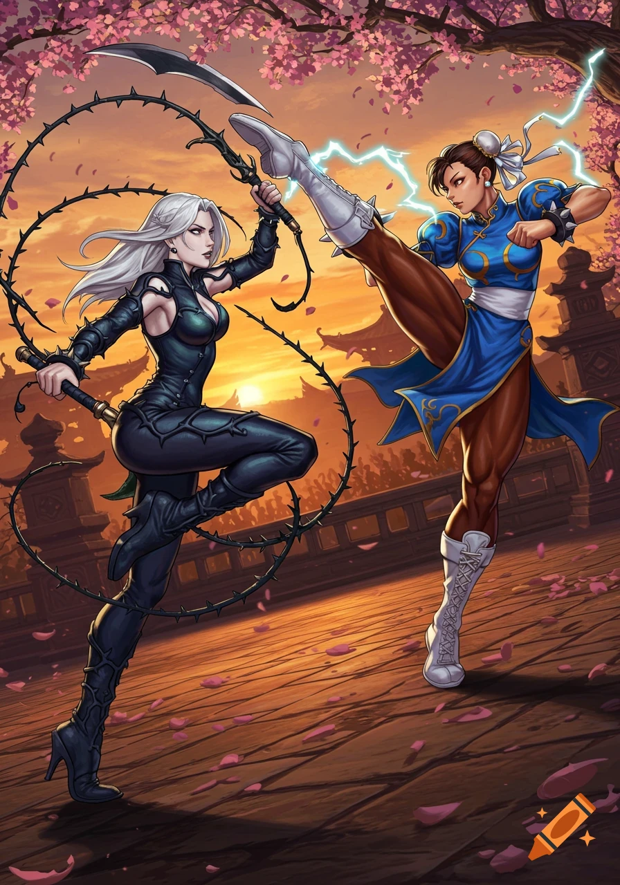 Ivy Valentine and Chun-Li fight in an outdoor arena with cherry blossoms, illustrated in a dynamic, comic book style.