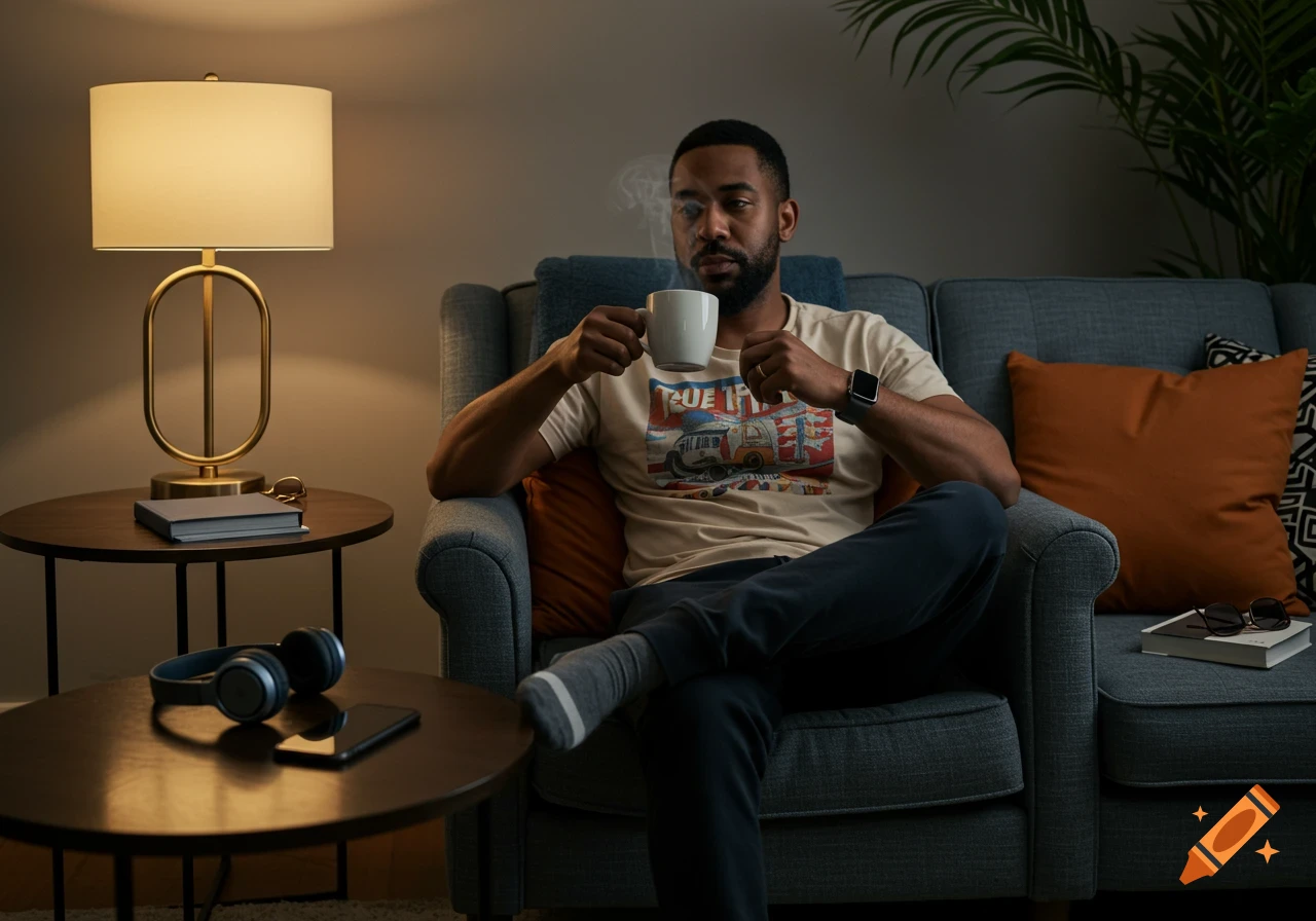 A man with a beard sits in a chair, holding a steaming mug, in a dimly lit living room with a lamp and plants.