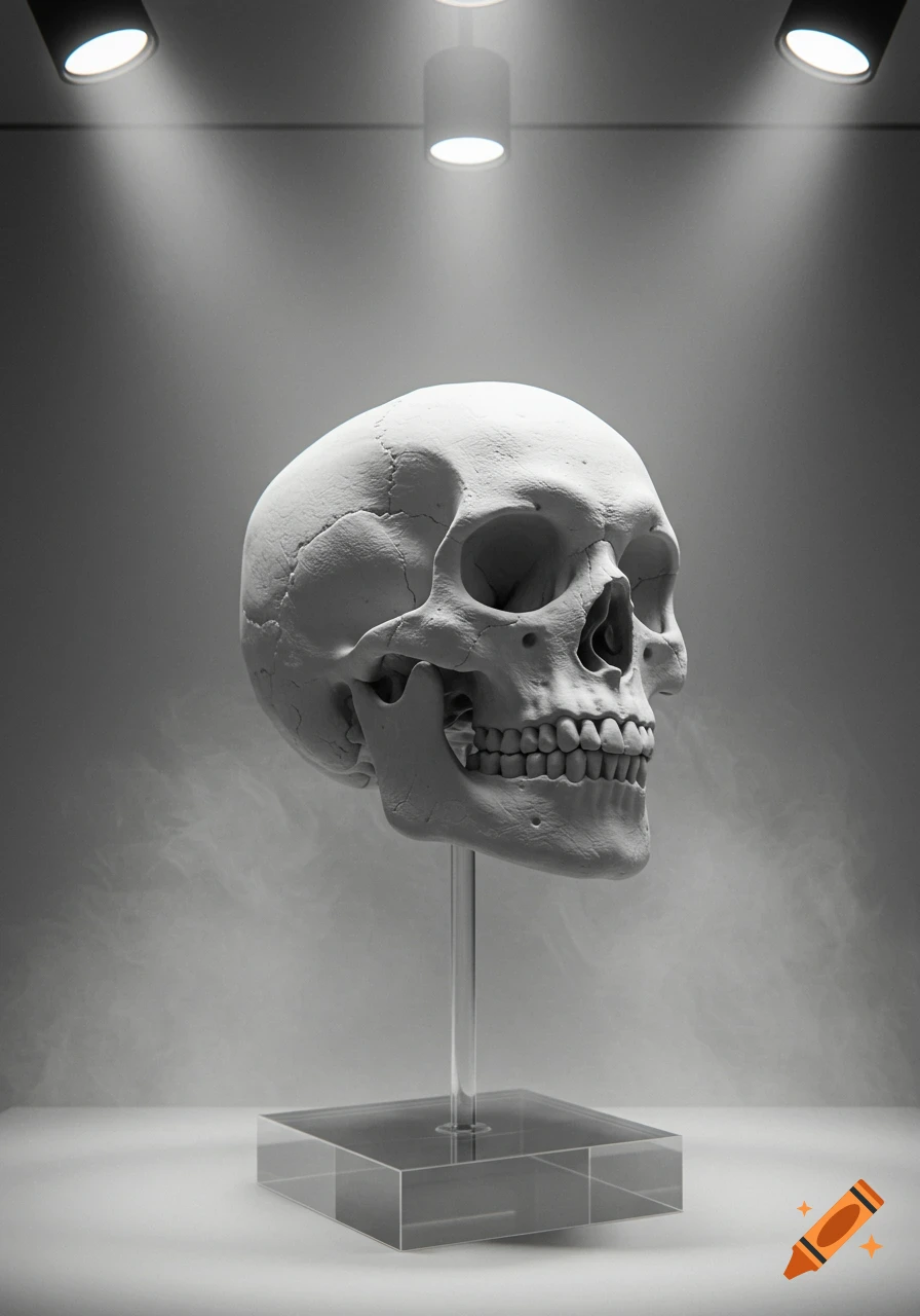 A white human skull on a clear stand, dramatically lit by spotlights in a dark, misty room.