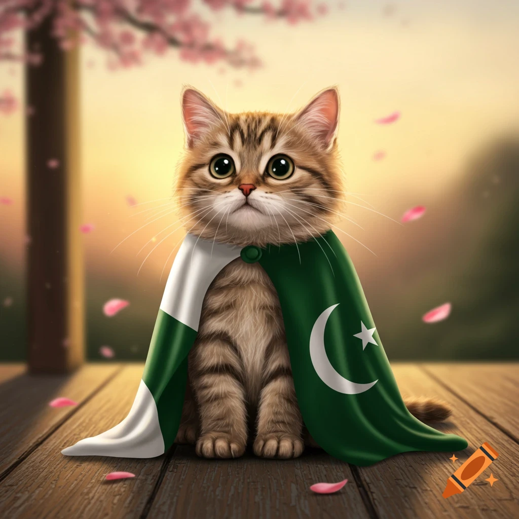 A fluffy tabby kitten wearing a cape designed like the Pakistan flag, sitting on a wooden floor with cherry blossoms.