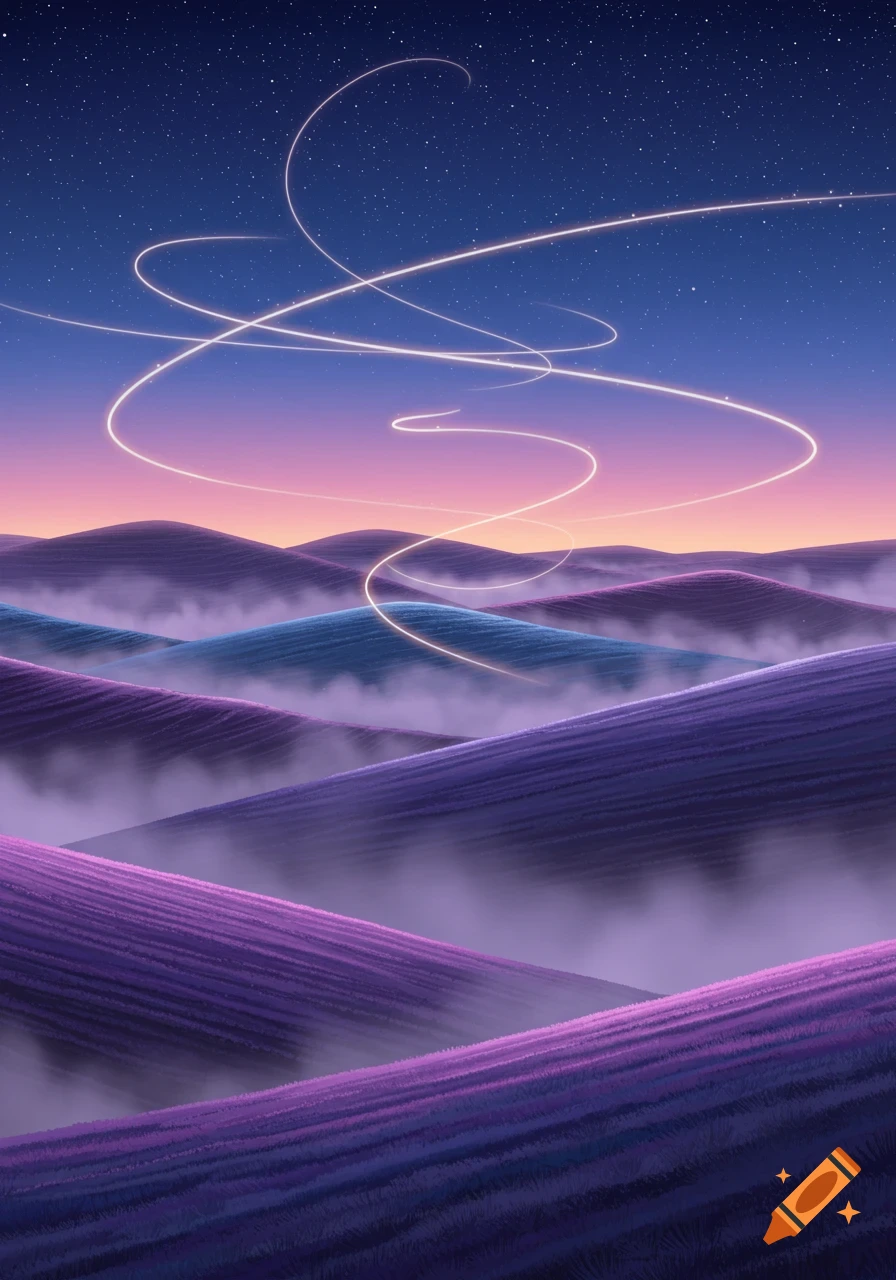 Stylized landscape with rolling purple and blue hills, mist, and glowing white lines under a starry twilight sky.