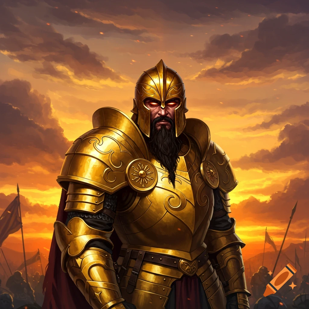 A warrior in gleaming golden armor with a long black beard and glowing red eyes stands on a battlefield at sunset.