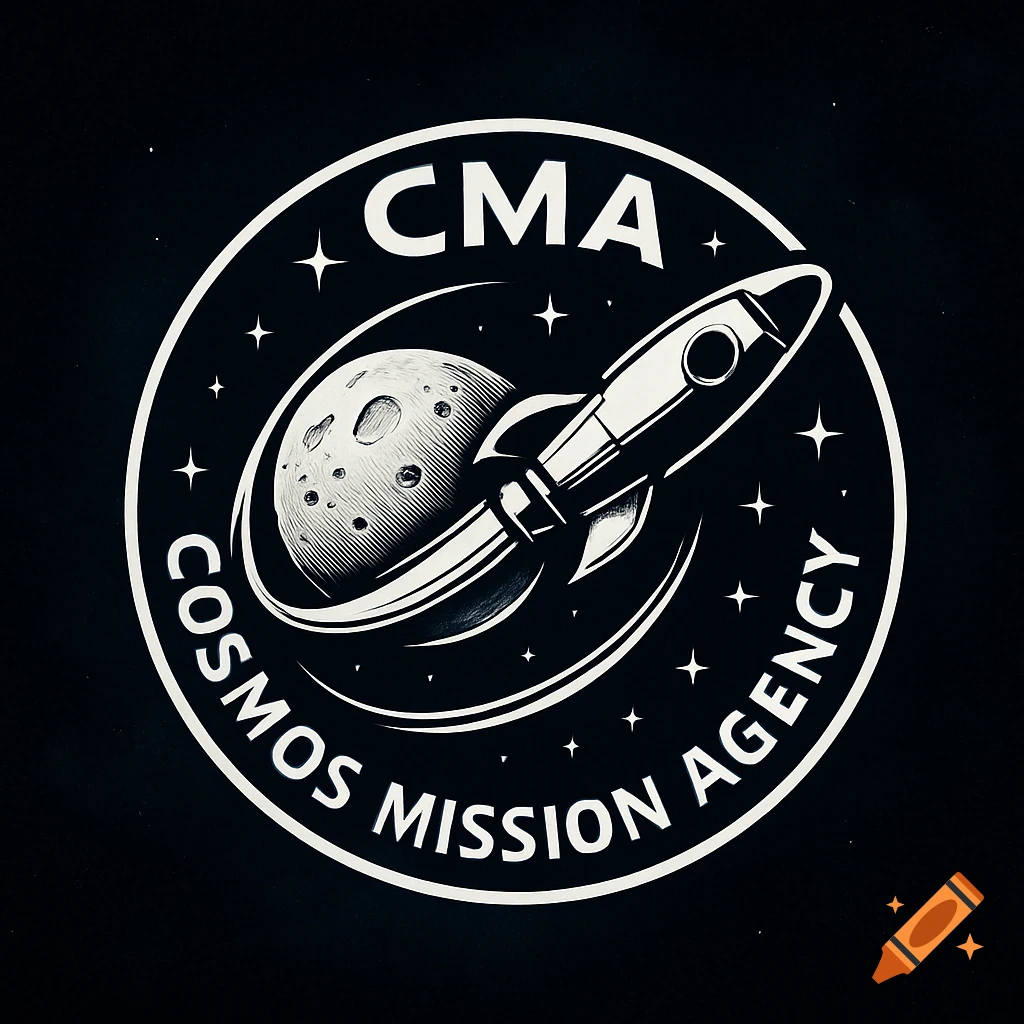 A black and white round logo featuring a rocket flying past a moon-like planet with stars in the background. The text "CMA COSMOS MISSION AGENCY" circles the design.