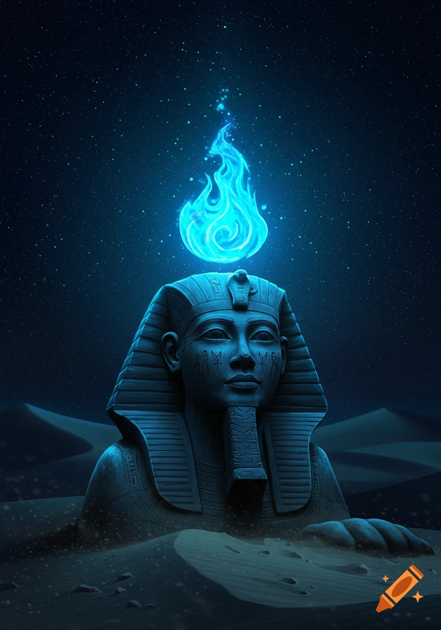 An ancient Egyptian sphinx statue in a desert at night, with a glowing blue flame levitating above its head under a star-filled sky.