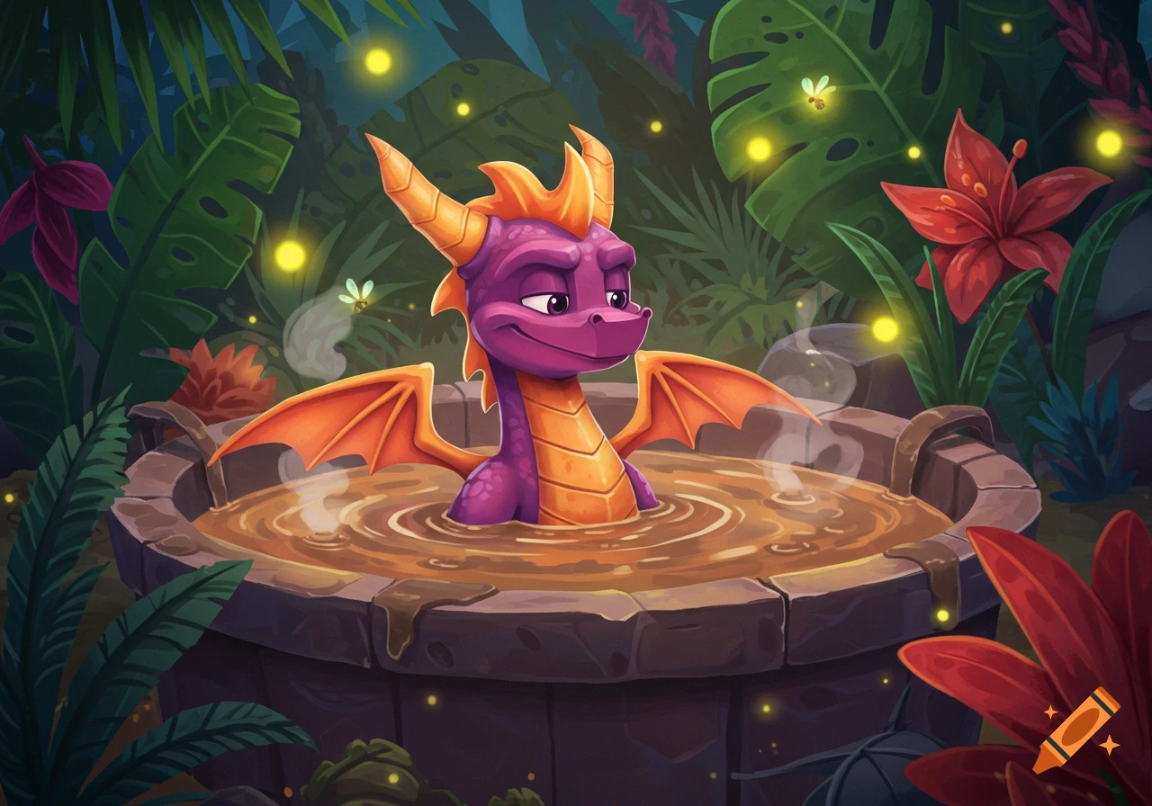 Cartoon illustration of Spyro the dragon relaxing happily in a mud hot tub surrounded by lush tropical plants and glowing fireflies.