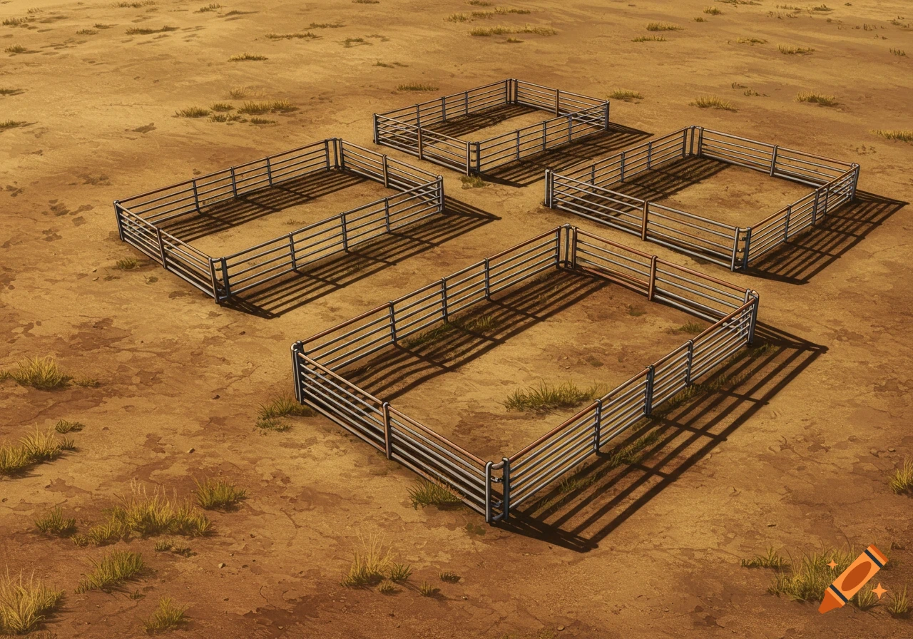 Four empty metal corrals are arranged on a dry, grassy field, viewed from an aerial perspective.