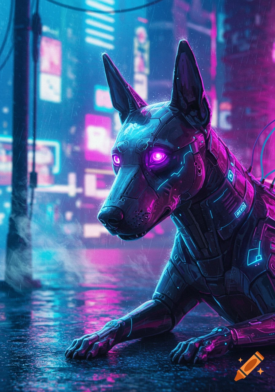 A dark, robotic cyberpunk dog with glowing purple eyes crouches in a neon-lit, rainy city street with reflections on the wet ground.