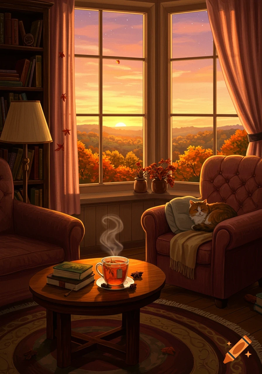 Cozy digital art of a warm room with armchairs, tea, books, a sleeping cat, and an autumn sunset view from a bay window.
