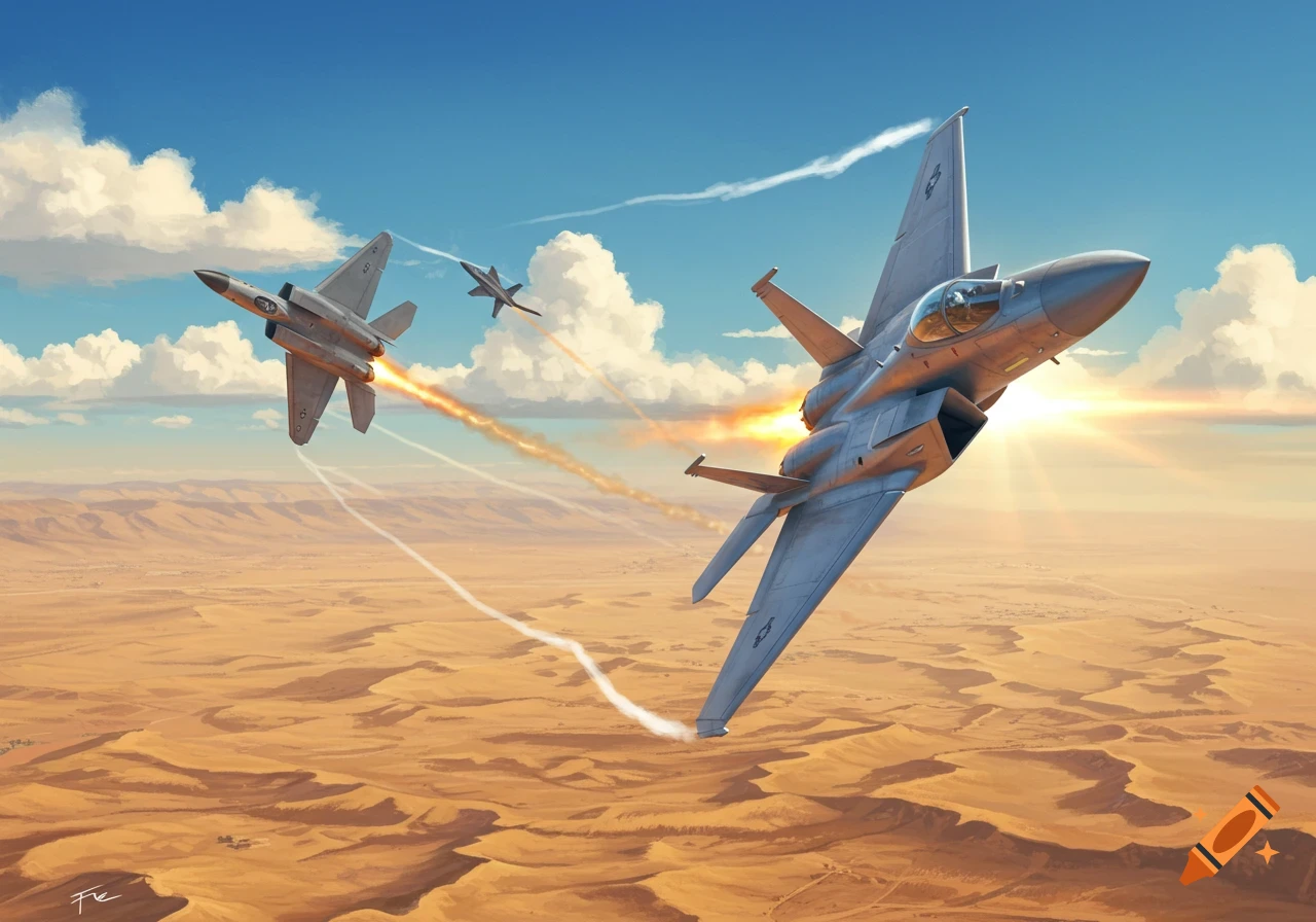 Two fighter jets with afterburners blazing soar dynamically over a vast, sunlit desert under a bright blue sky.