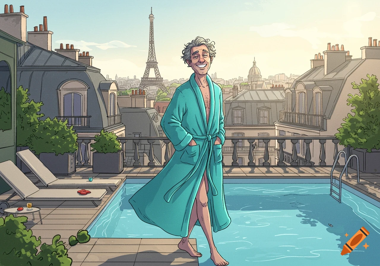 Illustration of a smiling middle-aged man in a turquoise bathrobe standing next to a rooftop pool in Paris, with the Eiffel Tower in the background.