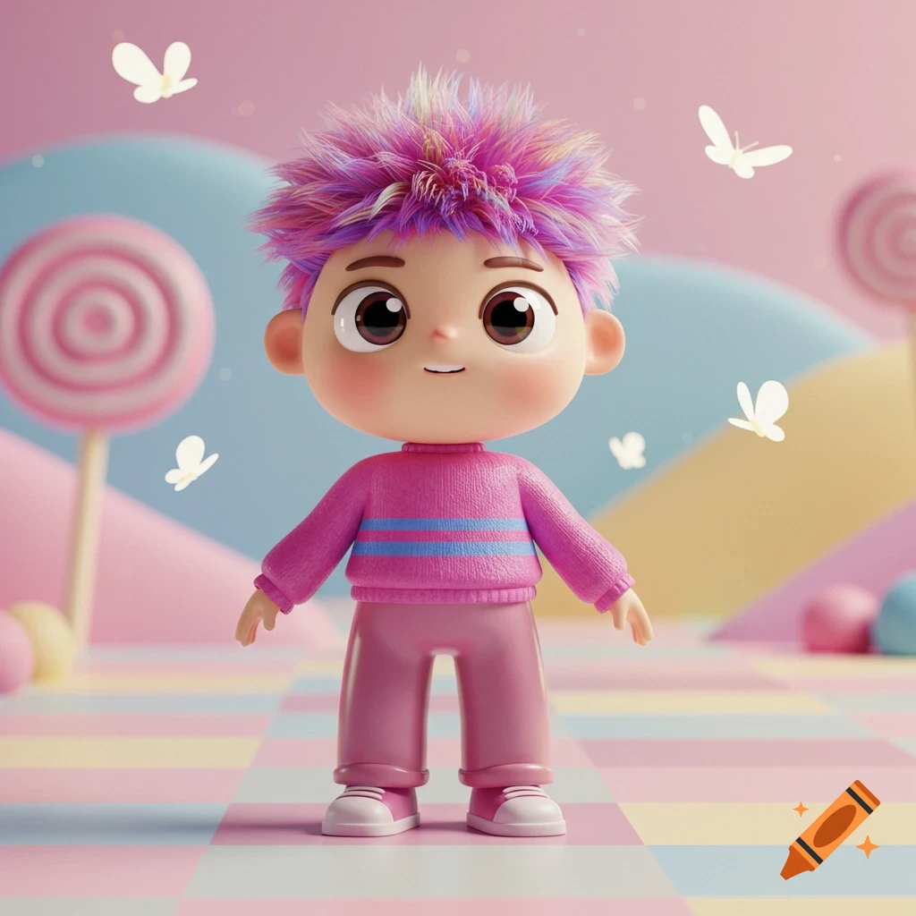 A cute 3D cartoon character with spiky pink hair, pink sweater with blue stripes, and pink pants stands on a checkered floor with lollipops and butterflies.