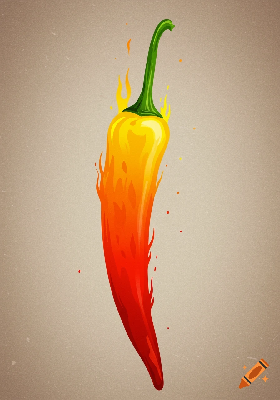 A stylized illustration of a chili pepper with a green stem, yellow top, fading to red at the tip, surrounded by flames.