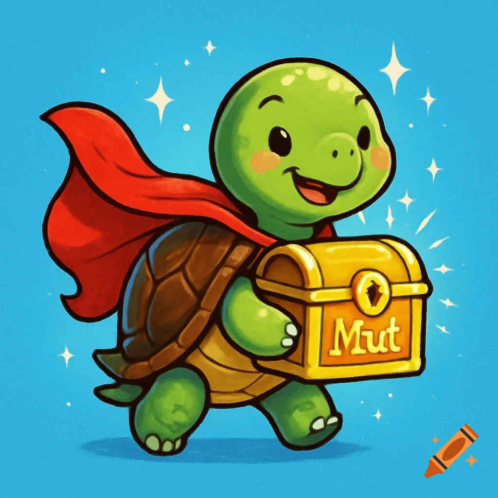 A cute cartoon turtle in a red superhero cape carries a sparkling golden treasure chest with "Mut" written on it, against a blue background.