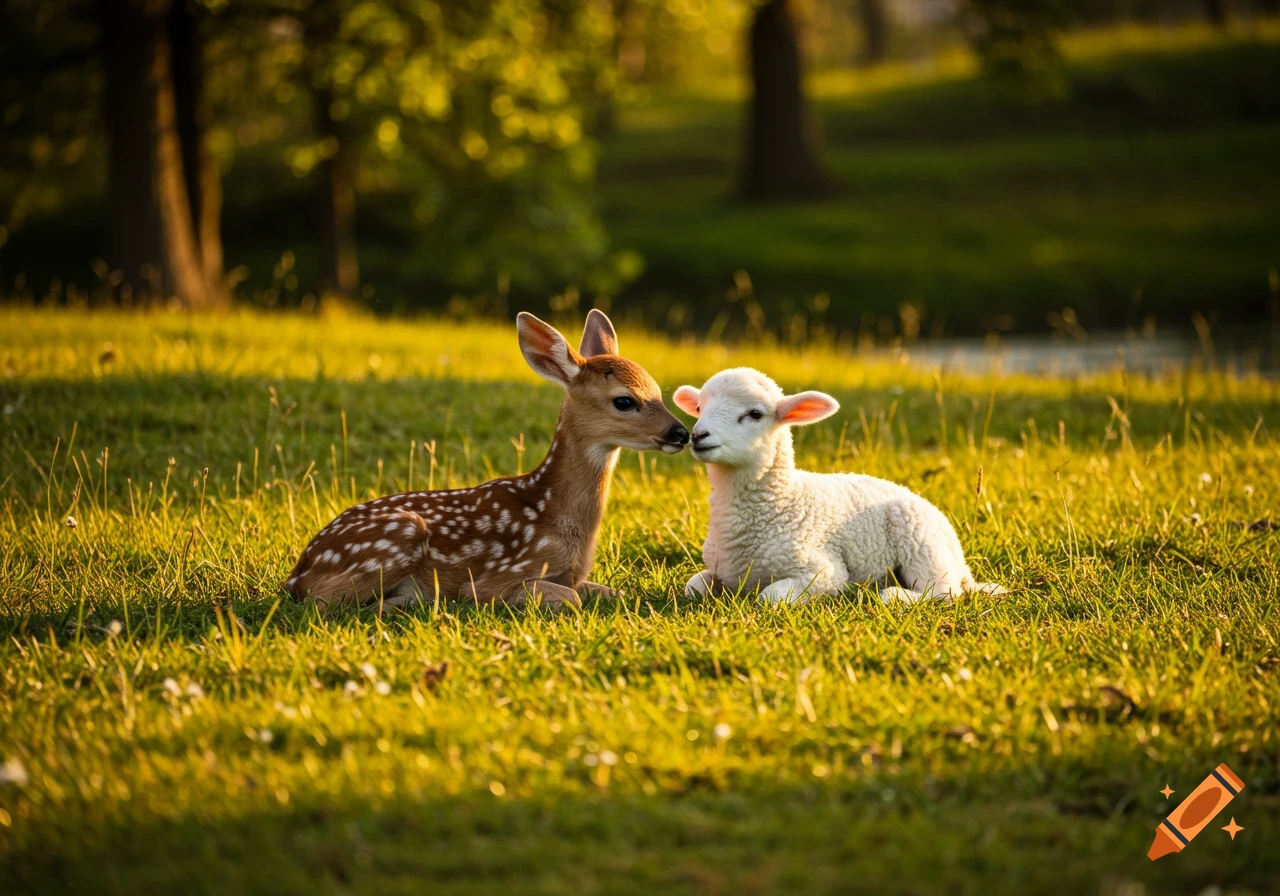 A fawn and a lamb lie nose to nose in a sunlit grassy field with trees in the background.