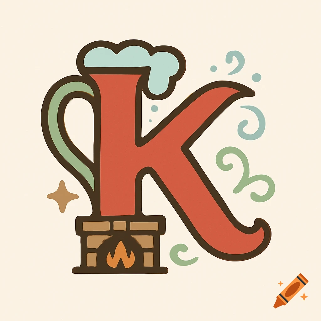 A vector art logo of the letter K, stylized with a beer mug handle and foam, and a fireplace at its base.