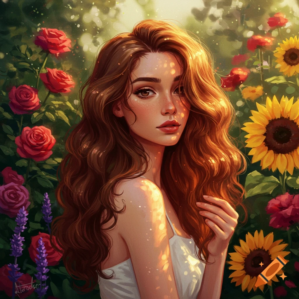 Digital art portrait of a woman with wavy brown hair, surrounded by red roses, yellow sunflowers, and green leaves, dappled sunlight.