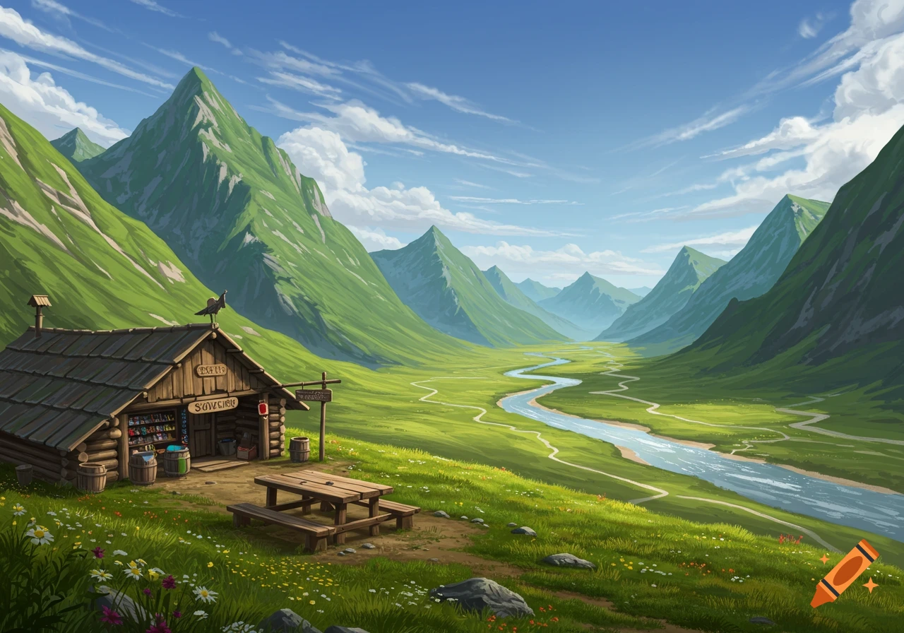 Stylized illustration of a log cabin souvenir shop in a lush green mountain valley with a winding river, and a picnic table outside.