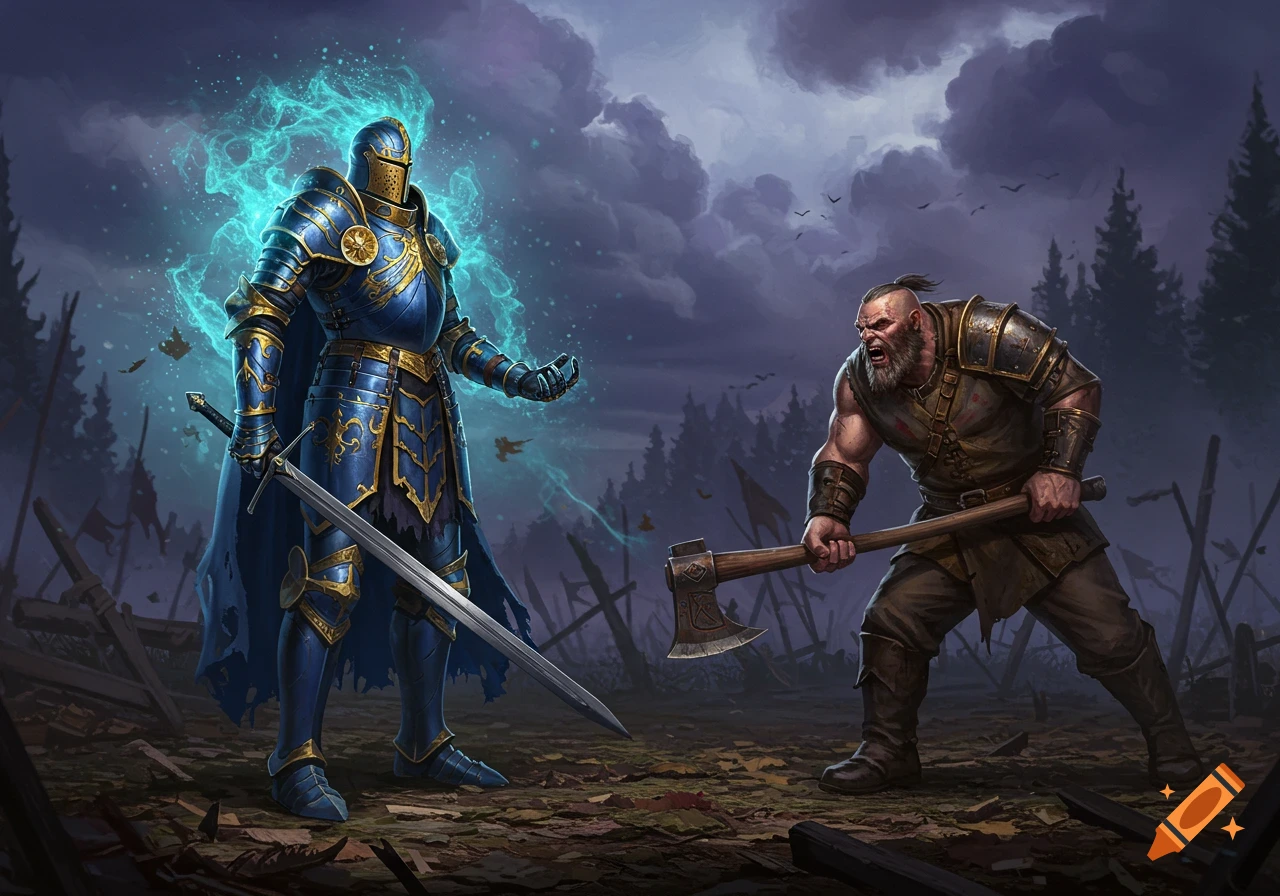 A blue and gold armored knight with a glowing aura faces a fierce barbarian with an axe on a dark, stormy battlefield.