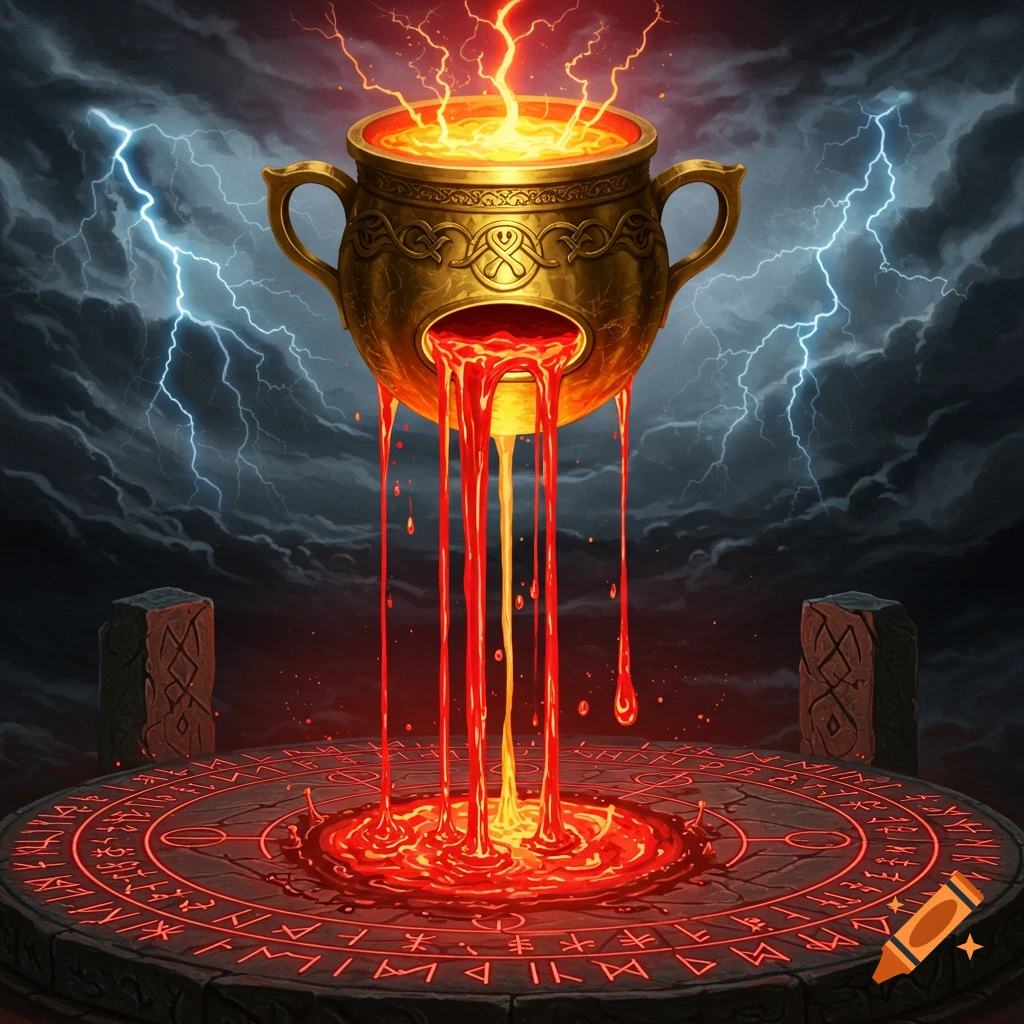 A golden crucible pours glowing red liquid onto a runic stone platform under a stormy, lightning-filled sky.