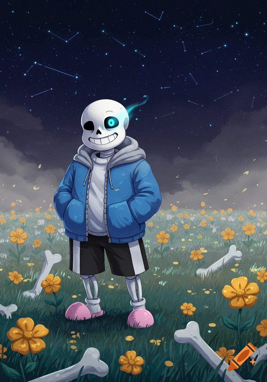 Cartoon illustration of Sans, a skeleton from Undertale, standing in a field of yellow flowers and bones under a starry night.