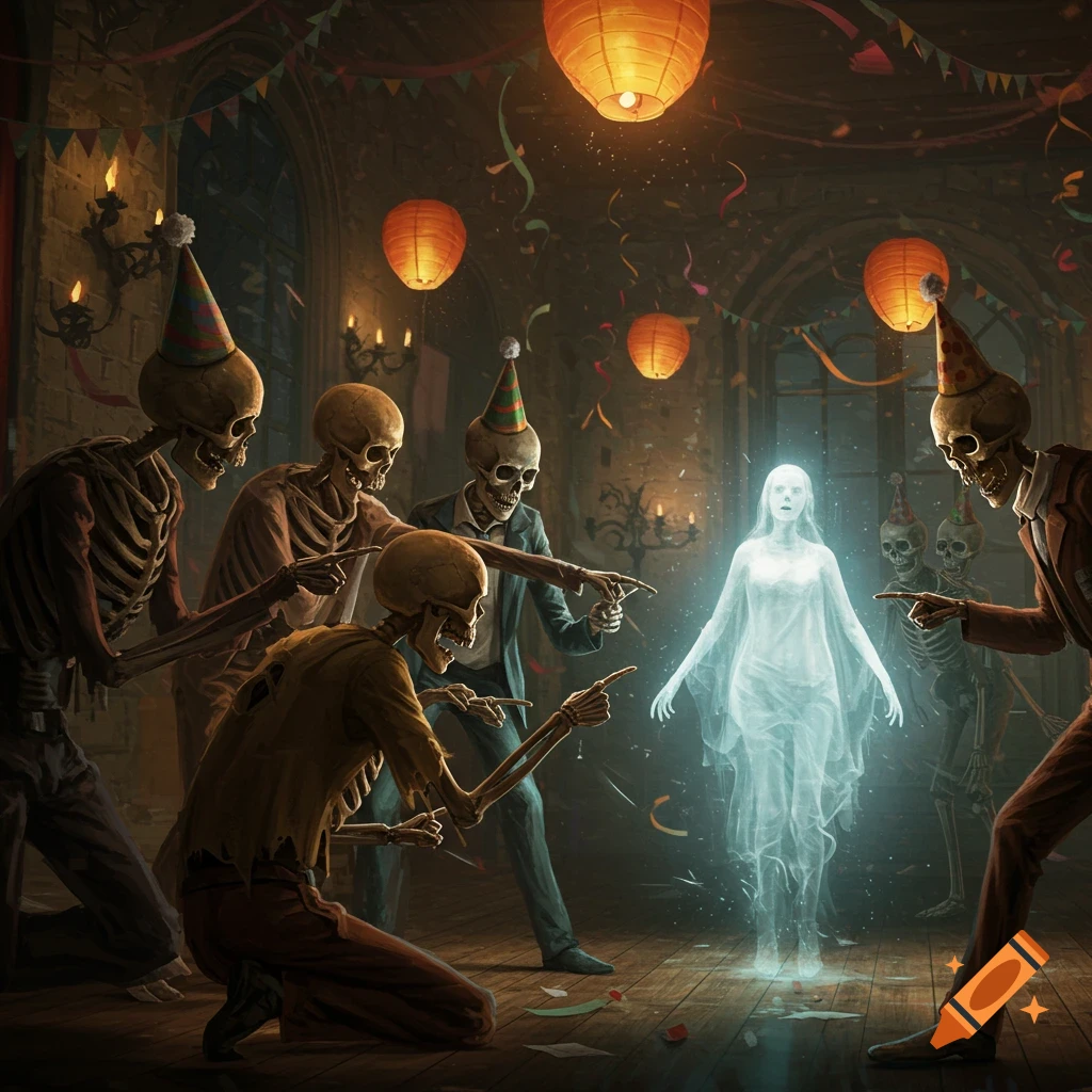 Skeletons in party hats point at a glowing sad ghost in a dimly lit, decorated party hall.