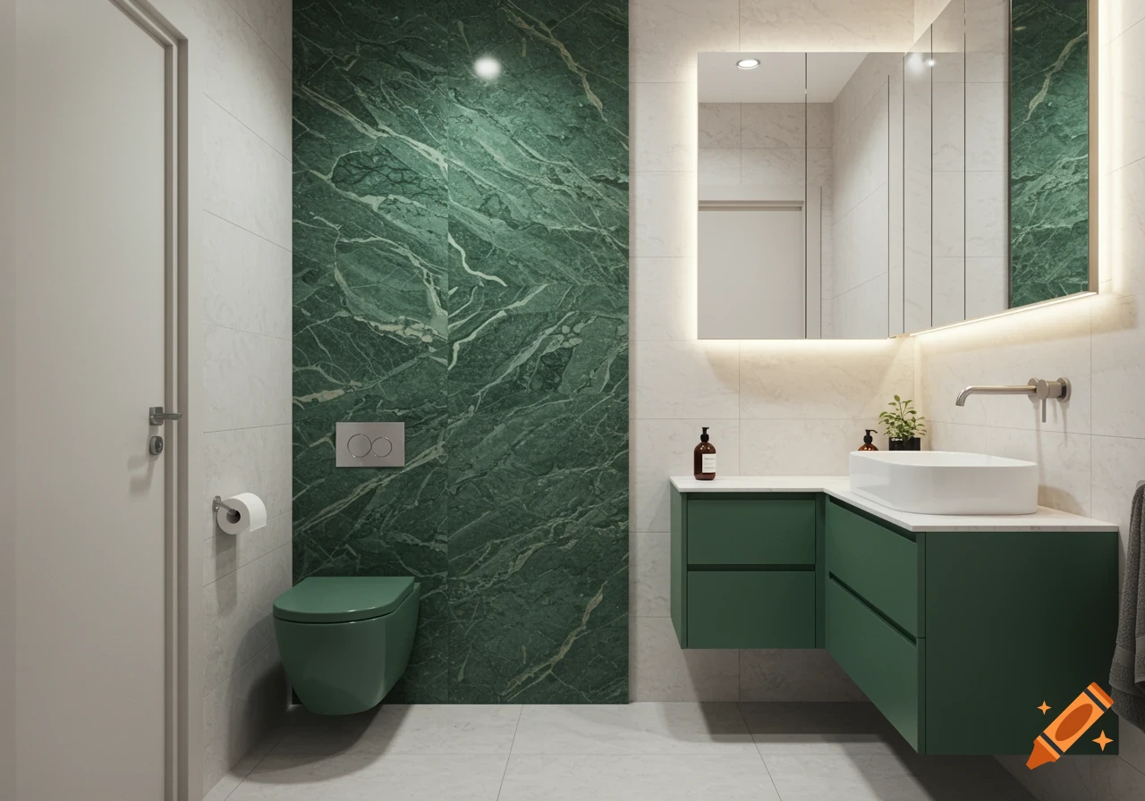 Modern bathroom with green marble accent wall, green wall-hung toilet, white sink, and green vanity cabinets.