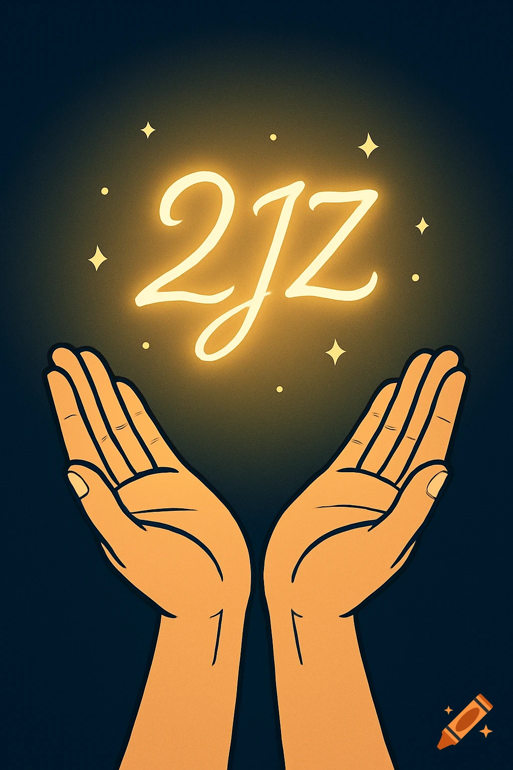 An illustration of two upward-facing hands with glowing, stylized text '2JZ' and stars hovering above them on a dark background.