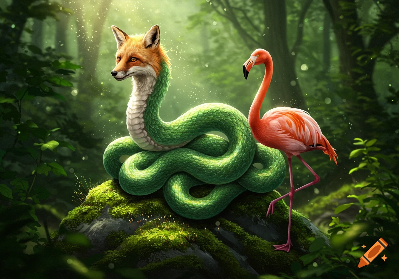 A mythical creature with a fox's head and a green snake's body sits on a mossy rock in a lush forest, next to a pink flamingo.