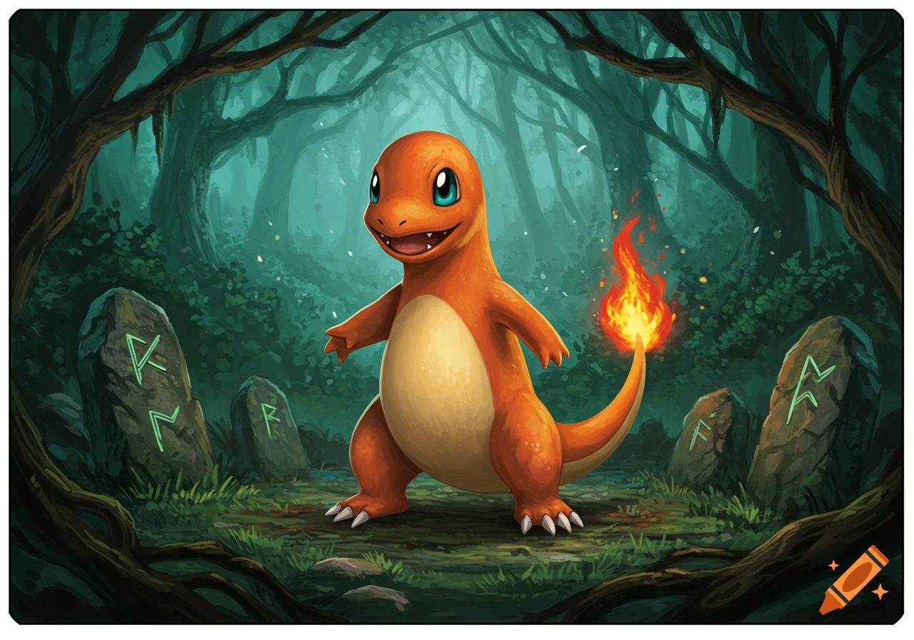 A happy Charmander stands in a mystical, dark green forest with glowing runic stones, in a painterly fantasy art style.