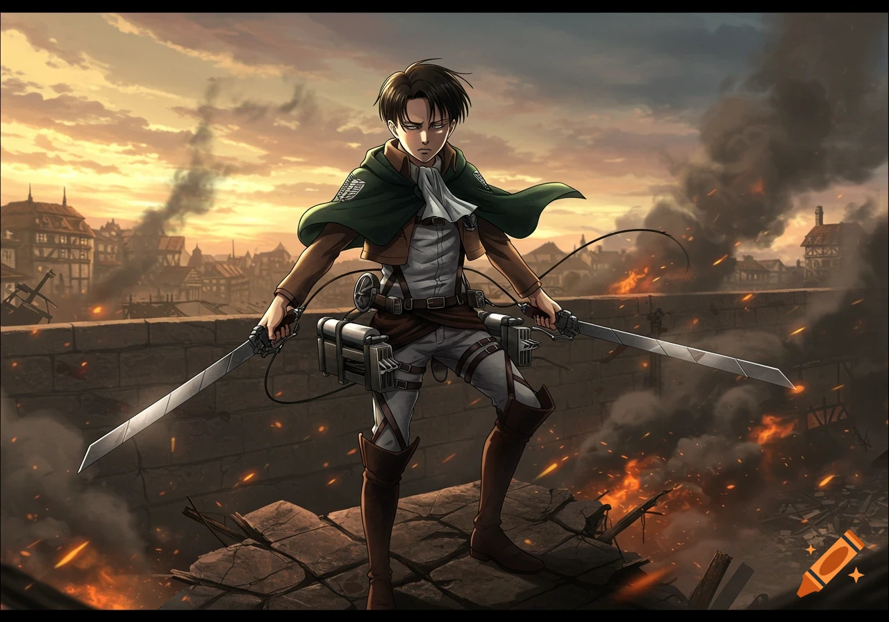 Anime illustration of Levi Ackerman with two swords, standing in a destroyed city at sunset.