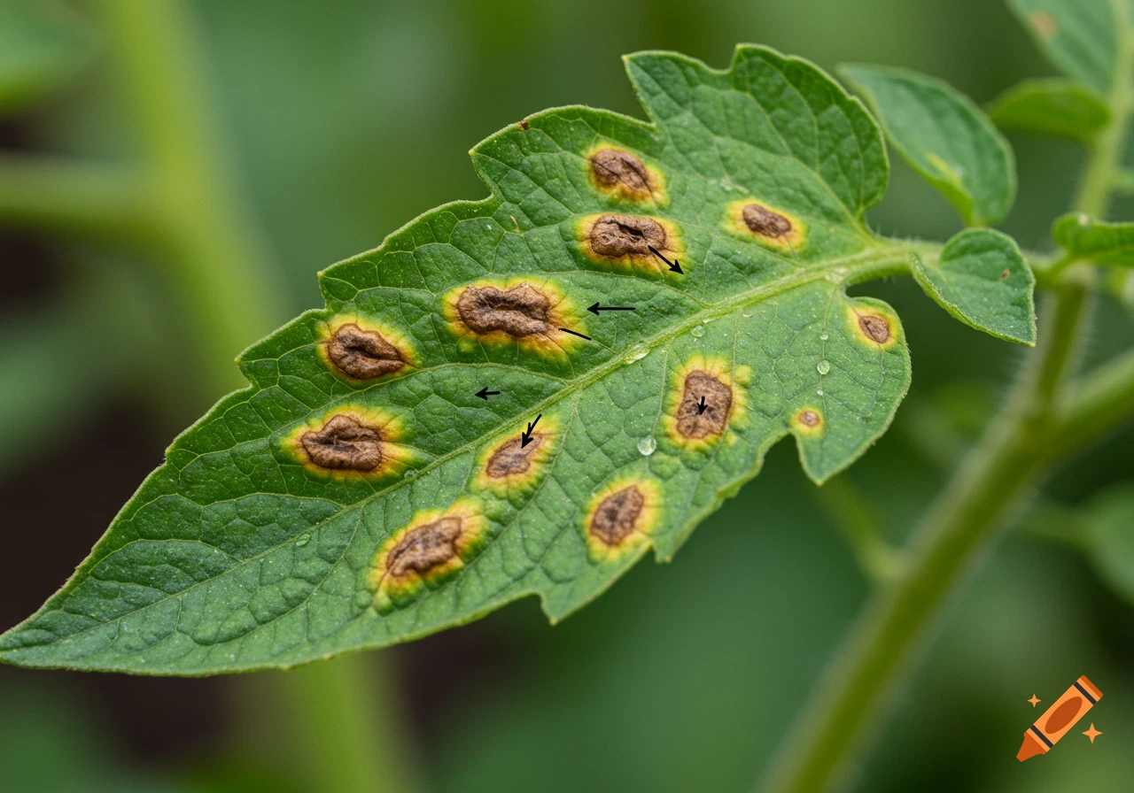 Photorealistic close-up of a green tomato leaf covered in numerous brown and yellow blight spots, with black arrows pointing to some lesions.