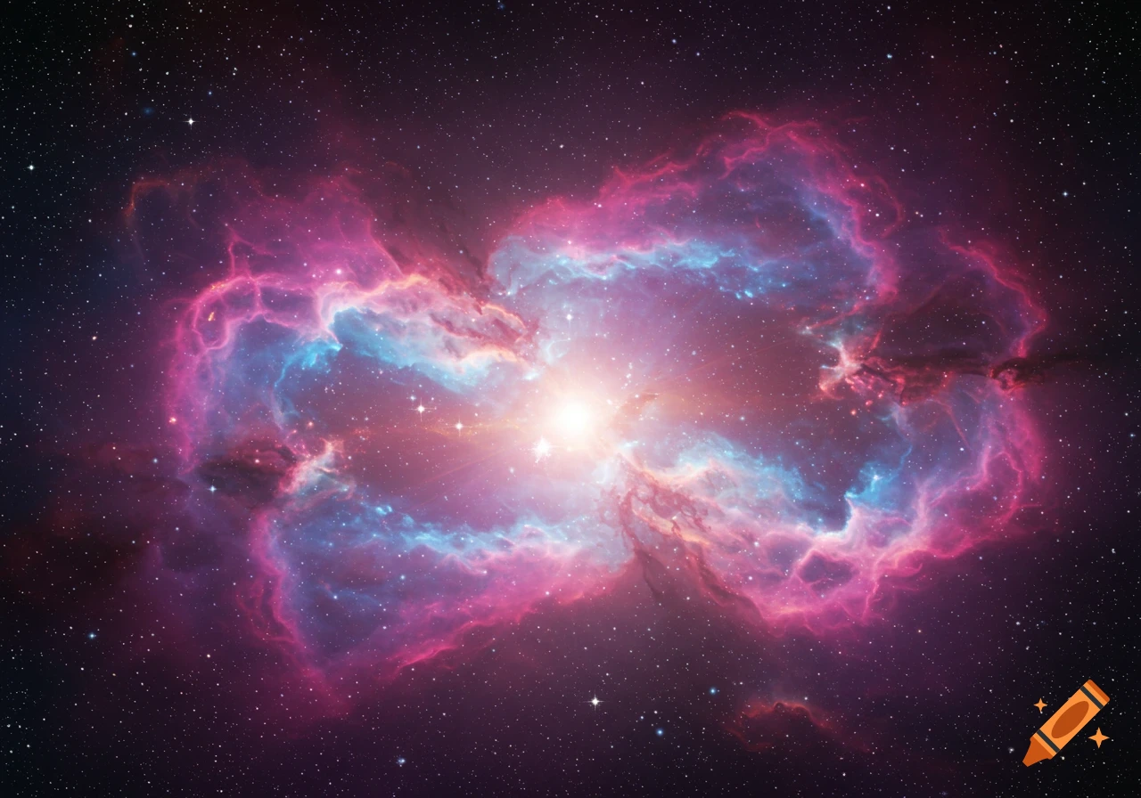 A vibrant nebula in deep space, featuring clouds of pink, purple, and blue gases illuminated by a bright central star, against a dark sky filled with tiny stars.