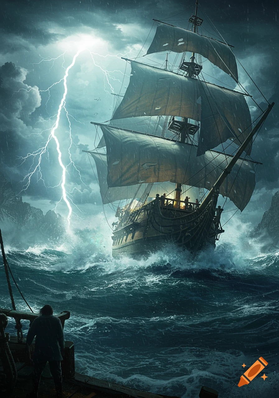 A photorealistic pirate ship battles a violent sea storm under lightning. A lone figure observes from a nearby ship.