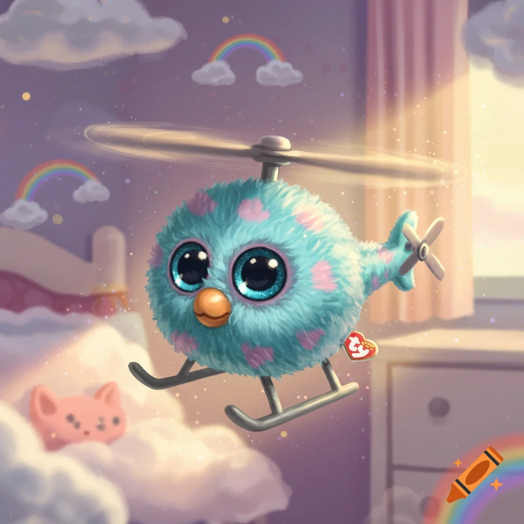 A fluffy blue Beanie Boo helicopter with pink hearts and glittery eyes flies among clouds and rainbows in a whimsical room.