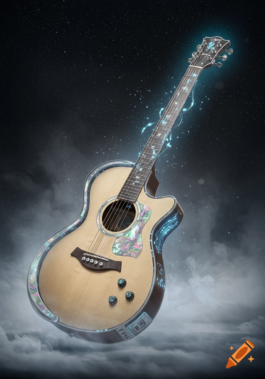A glowing, mechanized sci-fi acoustic guitar with mother-of-pearl inlay floats in a starry, cloud-filled sky.