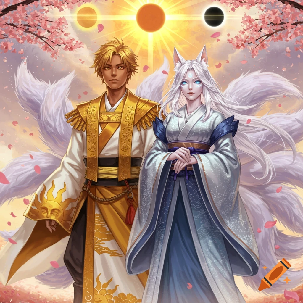 A divine fantasy couple: a man in golden robes with sun motifs and a white-haired kitsune woman with nine tails, under a sky with a sun and eclipse with falling cherry blossoms.