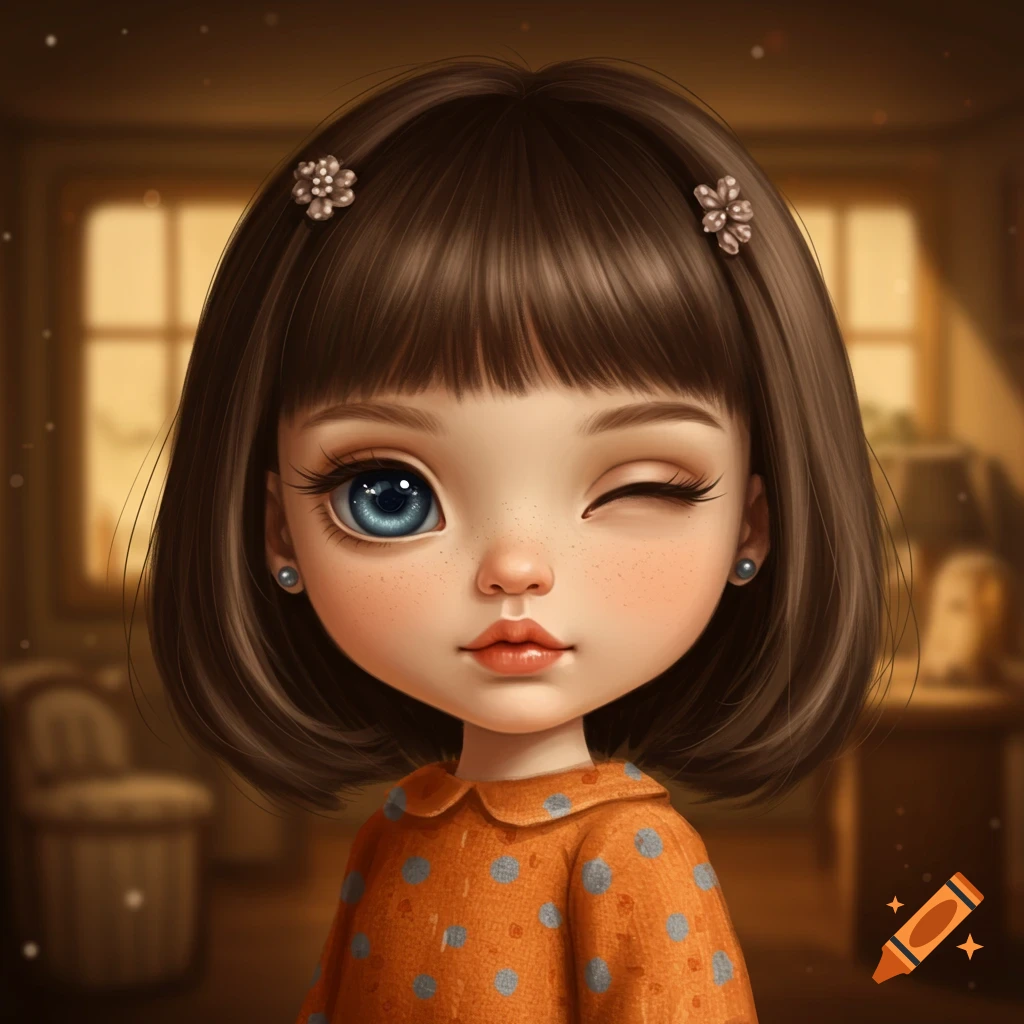 A cute, stylized doll-like girl with brown bob hair and bangs winks, wearing an orange polka dot dress in a warm-toned room.