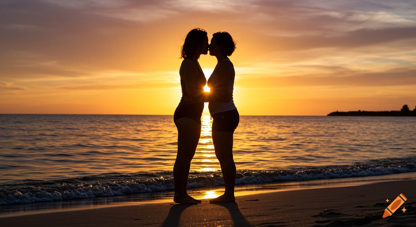 Two women kiss in silhouette on a sandy beach at sunset, with golden light reflecting on the water.