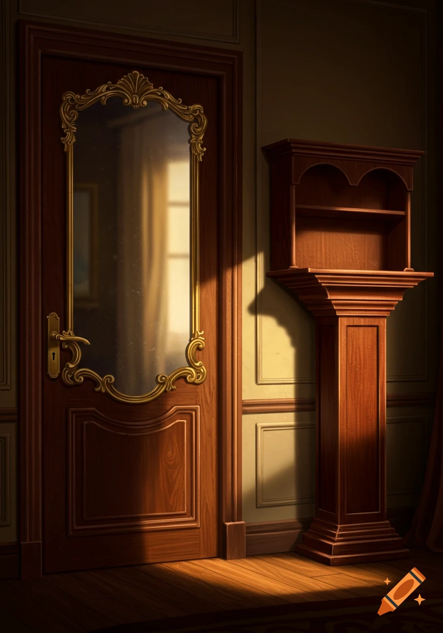 Ornate wooden door with a large mirrored panel and a wooden pedestal shelf, bathed in sunlight.